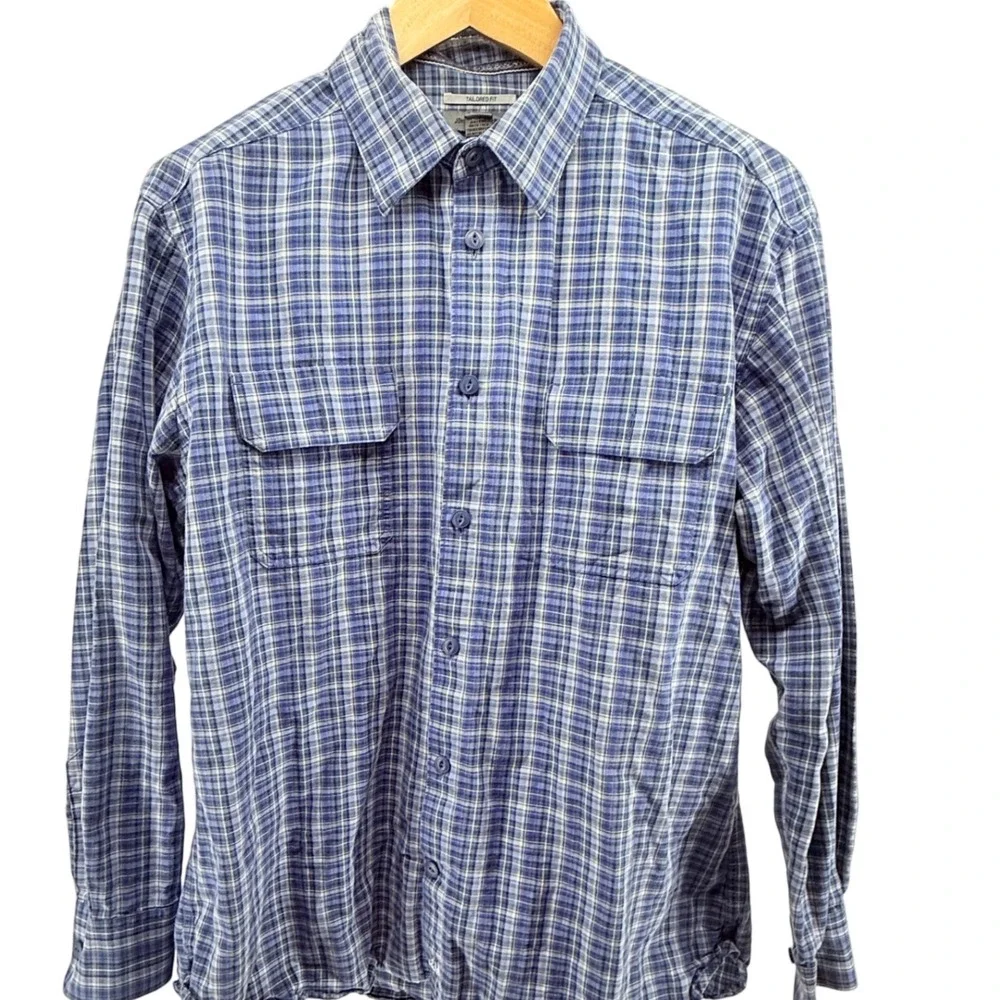 Johnston & Murphy Blue Plaid Textured Flannel Tailored Fit  L/S Shirt Size XL‎
